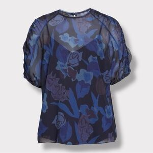 Ted Baker London Nixole Blue Purple Floral Ruched Sleeve Blouse Top- Size 0